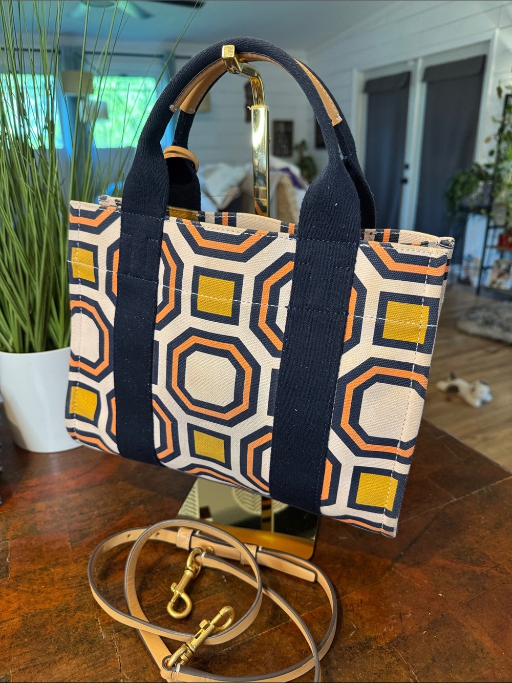 Tory Burch Navy, Coral & Mustard Geometric Canvas Tote with Tan Leather Strap - Picture 6 of 12